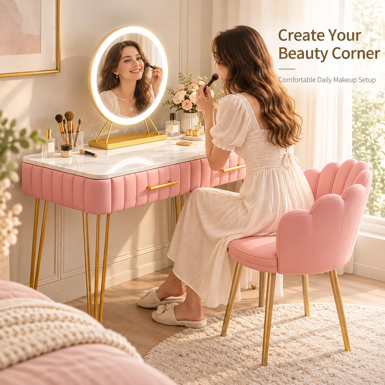 AOLIVIYA Vanity Table Makeup Desk Dressing Table With LED Mirror Drawers Modern Compact Bedroom Furniture