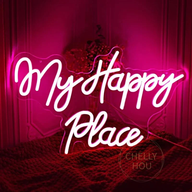LED Neon My Happy Place USB Powered Neon Signs Night Light 3D Wall Art & Game Room Bedroom Party Decor Lamp Signs