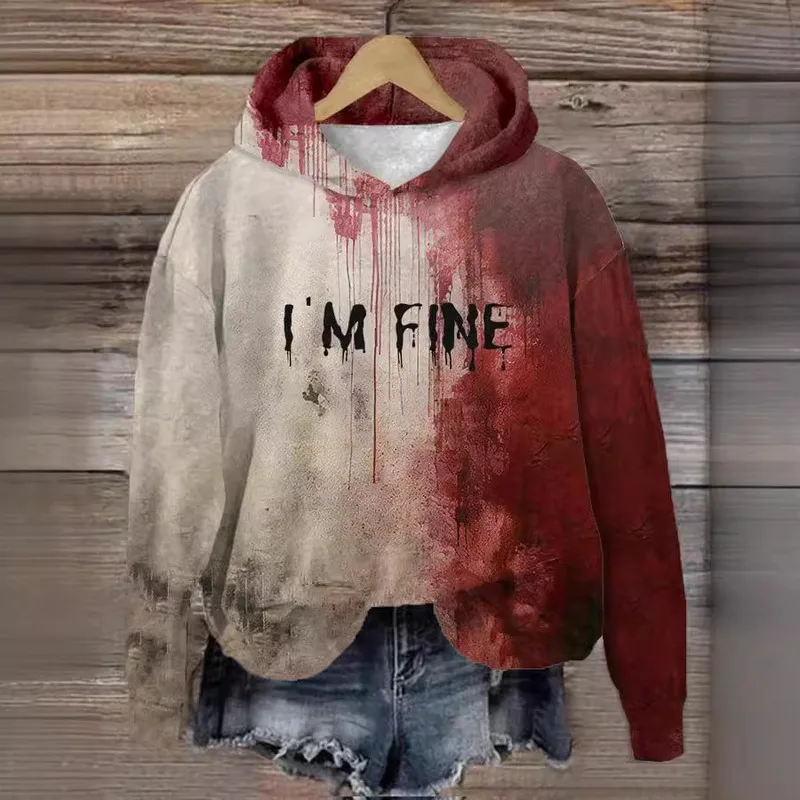 

New I Am Fine Artistic Graffiti Red Hoodie Trendy Hot Sale Pullover Comfortable Casual Streetwear Stylish Design High Quality