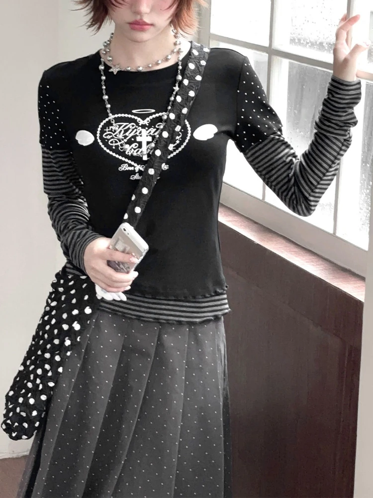 

Осенняя одежда в японском стиле, милый облегающий топ в горошек Y2k, искусственная полосатая футболка с длинными рукавами из двух предметов, E-girl, ретро-дизайн