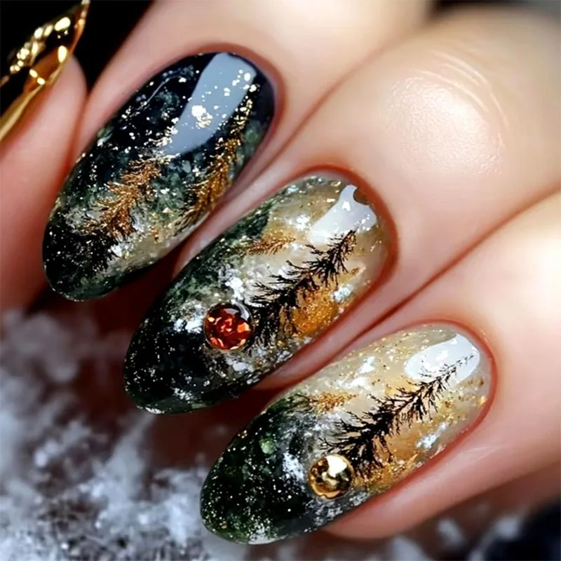 

24Pcs Long Almond Press on Nails - Black & Gold Tree with Glitter and Rhinestones | Dark Forest Theme