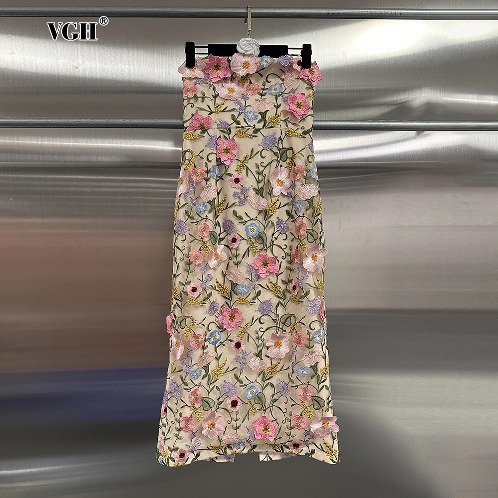

VGH Colorblock Spliced Apliques Party Dresses for Women Strapless Sleeveless High Waist Bodycon Temperament Long Dress Female