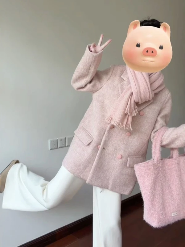 

Розовое шерстяное пальто средней длины с двубортной застежкой на пуговицах, модное осенне-зимнее женское верхнее пальто