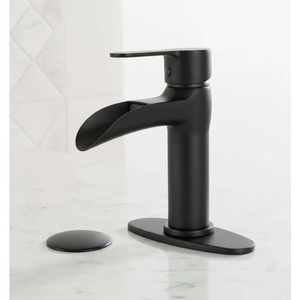 

Modern Matte Black Waterfall Bathroom Faucet Single Handle Sink Faucet with Pop Up Drain for Homeowners