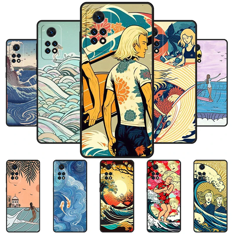 Surfboard Surfing Art Surf Girl japan Phone Case For Redmi Note 11 EPro 11S 10T 9S Promax 8 Pro Xiaomi Mi 11 12X 12S Ultra Cover