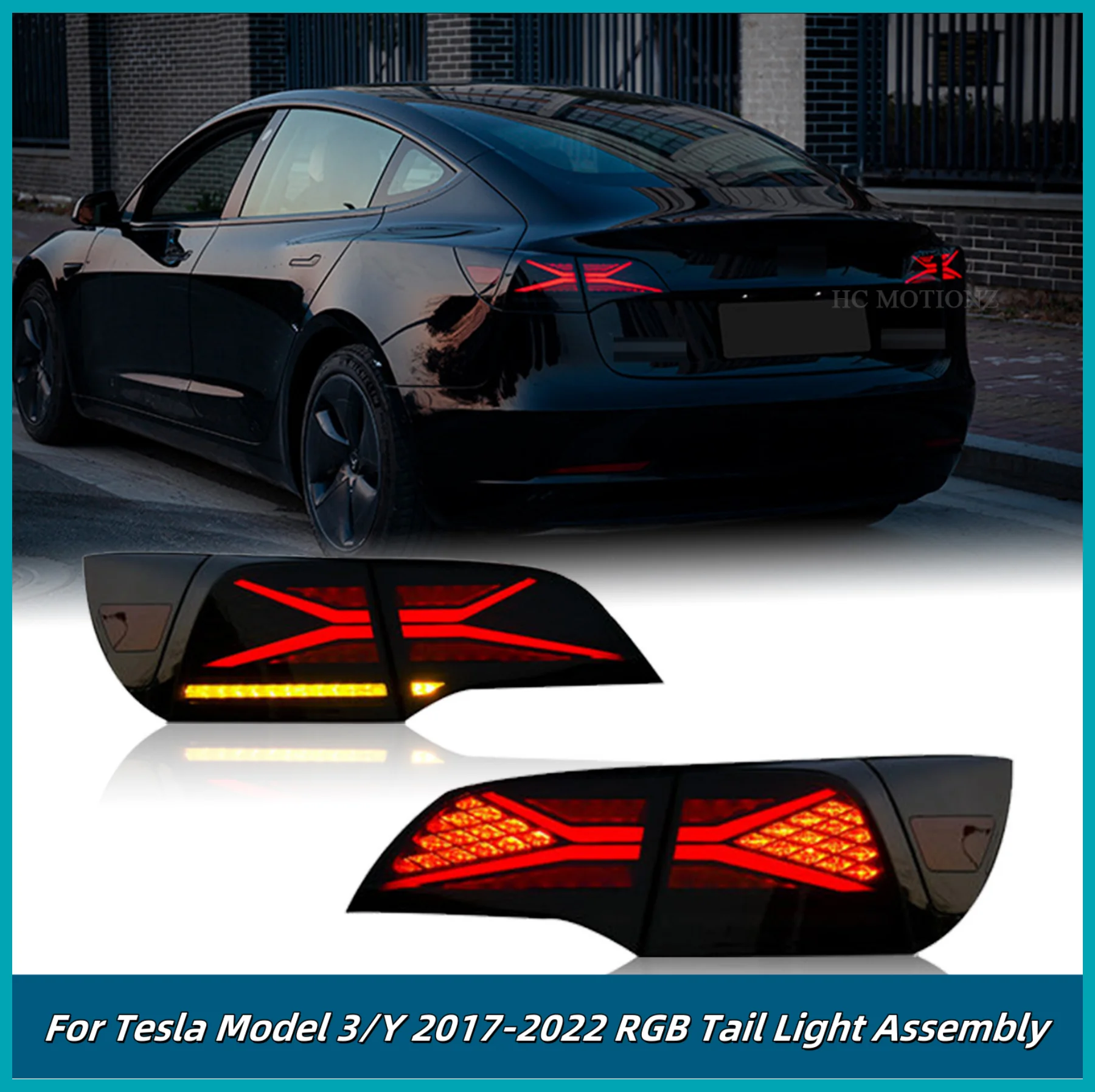 

Car Tail Lights for Tesla Model 3/Y 2017-2022 Streamlight Turn Signal RGB Colour Changing Tail Light Assembly
