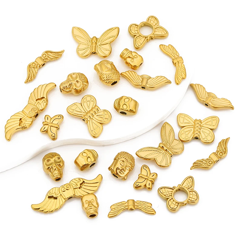 

5PCS Stainless Steel Vintage Rune Beads Butterfly Feather Wings Buddha Beads 18K Gold Plated Pvd DIY Bracelet Jewelry Making