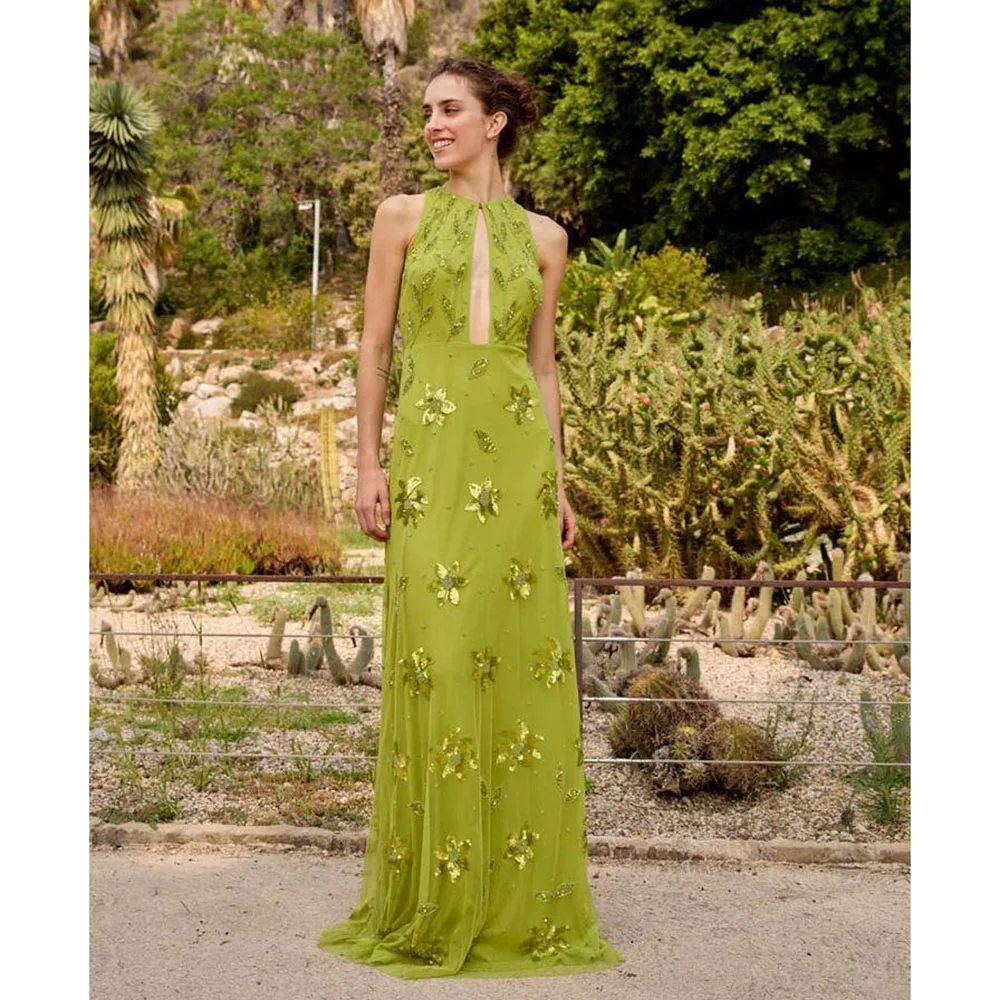 

Elegant Green Evening Dresses O Neck Sleeveless High Quality Mermaid Hollow Out Banquet Celebrity Prom Party Pretty Female Gowns