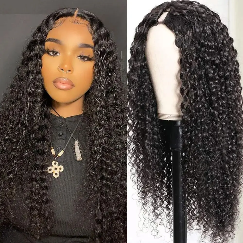 

V Part Wig Kinky Curly Human Hair 180% Density For Women Beginners Friendly Machine Made V Part Kinky Curly Wigs Natural Color