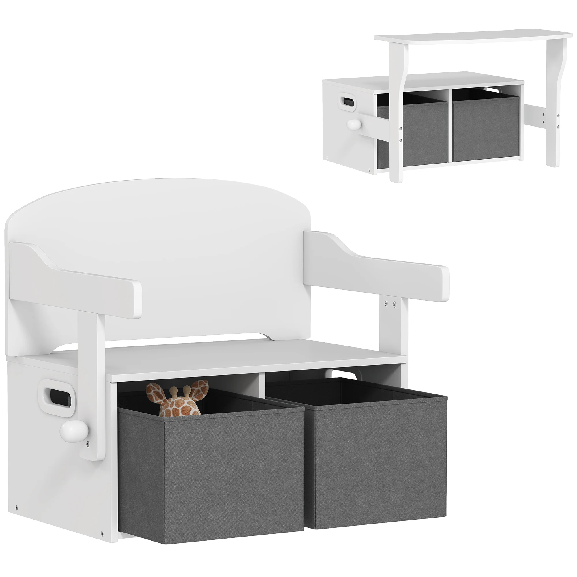 AIYAPLAY Scatola porta giocattoli per bambini 3 in 1, set tavolo e sedie con 2 contenitori in tessuto rimovibili, Bianco