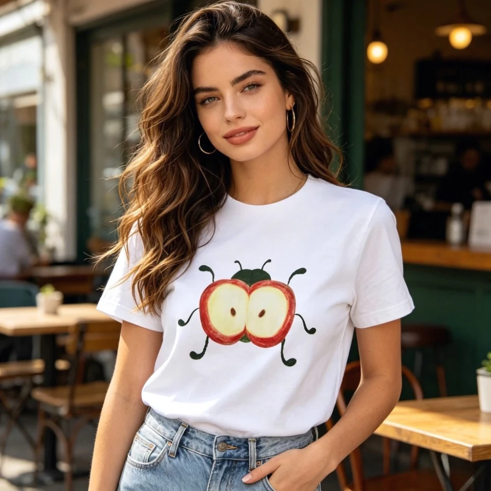 Cute Apple Beetle Graphic T-Shirt Whimsical Fruit Bug Art Aesthetic Tee Nature Lover Y2K Style  Top Free Clothing Clearance