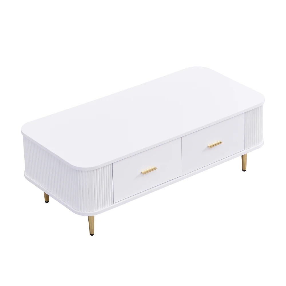 Gebogener Eck-Wohnzimmertisch, goldene Hardware, gewellte Seiten, Doppelfunktions-Couchtisch und Beistelltisch mit Schubladen – Detail 9