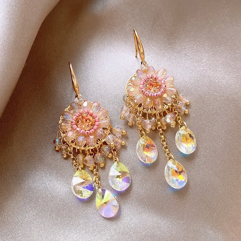 

Ethnic style tassel crystal earrings women's summer new popular exaggerated earrings light luxury high-end earrings