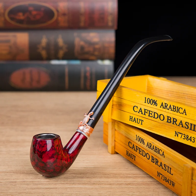 Classic Long Smoking Pipe with Decorative Ring, Smoking Accessories,Tobacco Pipe,Bent Resin Wood Tube, Gift for Father, 3 Colors