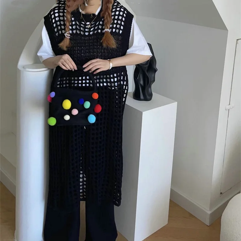 Häkelstrickkleid für Damen – ärmellose Strandbekleidung mit Rundhalsausschnitt, atmungsaktiver Urlaubs-Sonnenrock