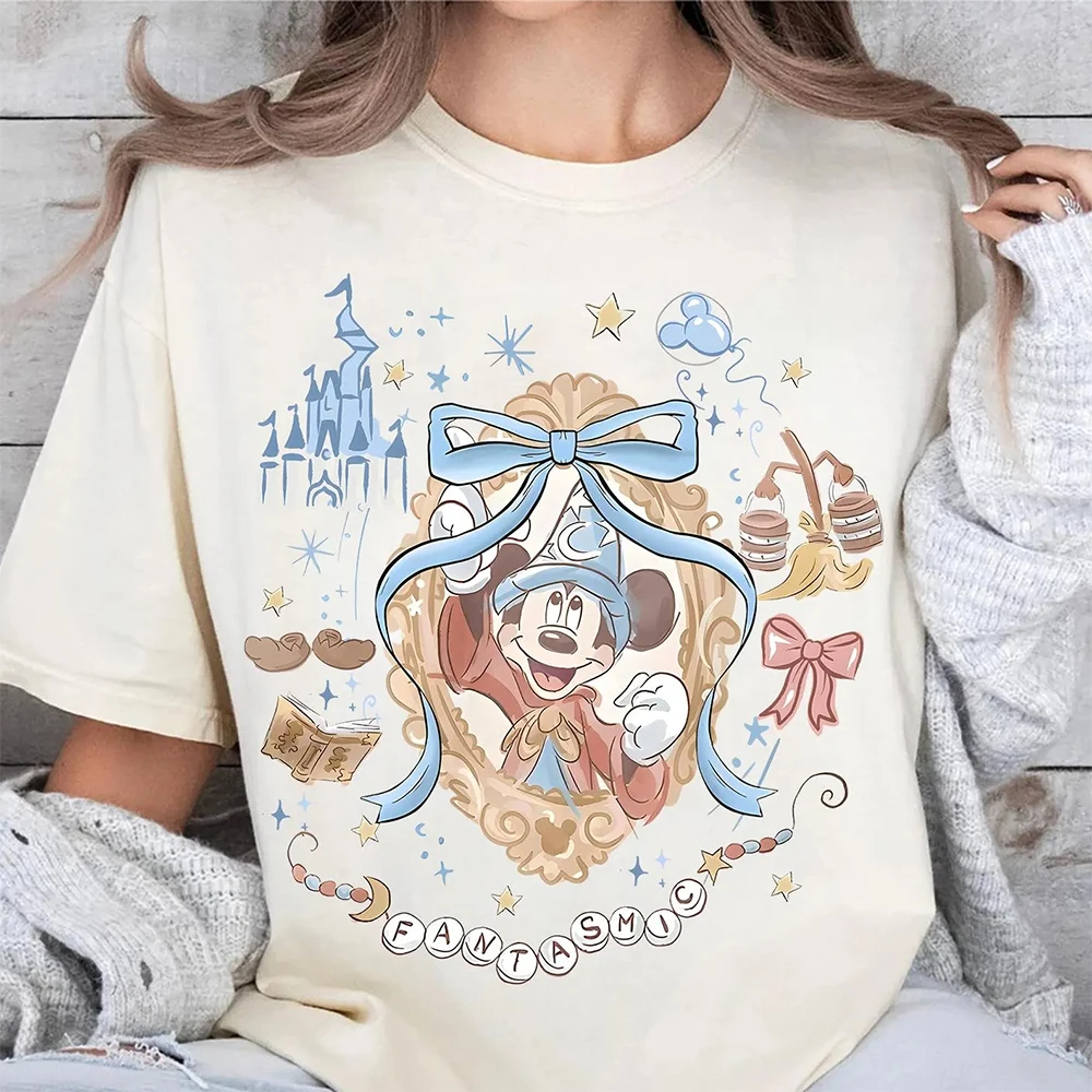 2025 صيف جديد ريترو مريح اللون قصيرة الأكمام تي شيرت للنساء هالوين ماجيك المملكة ميكي شبكة تنفس #1