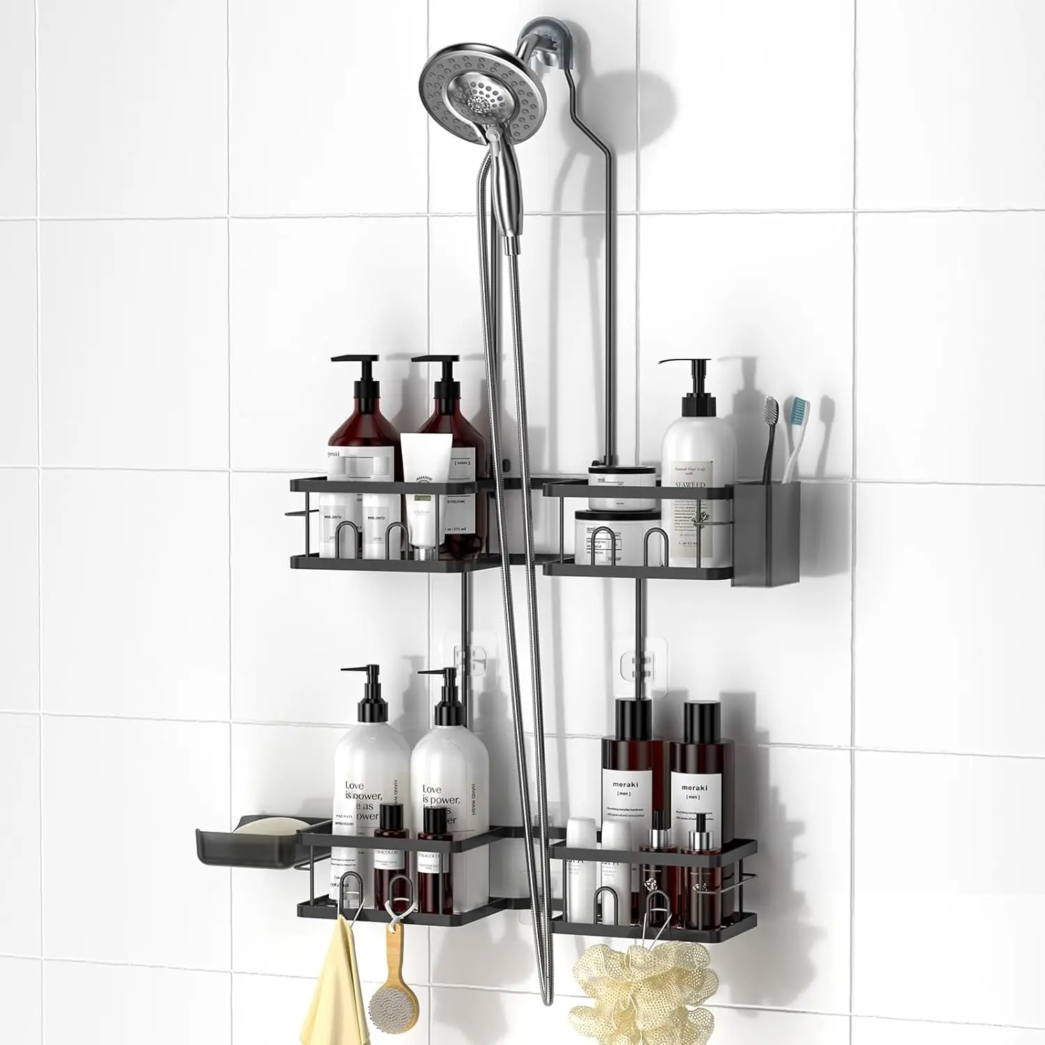 

Black Adjustable Hanging Rustproof Shower Caddy for Handheld with Hooks Soap Toothbrush Holder, Anti-Swing Bathroom Accessories