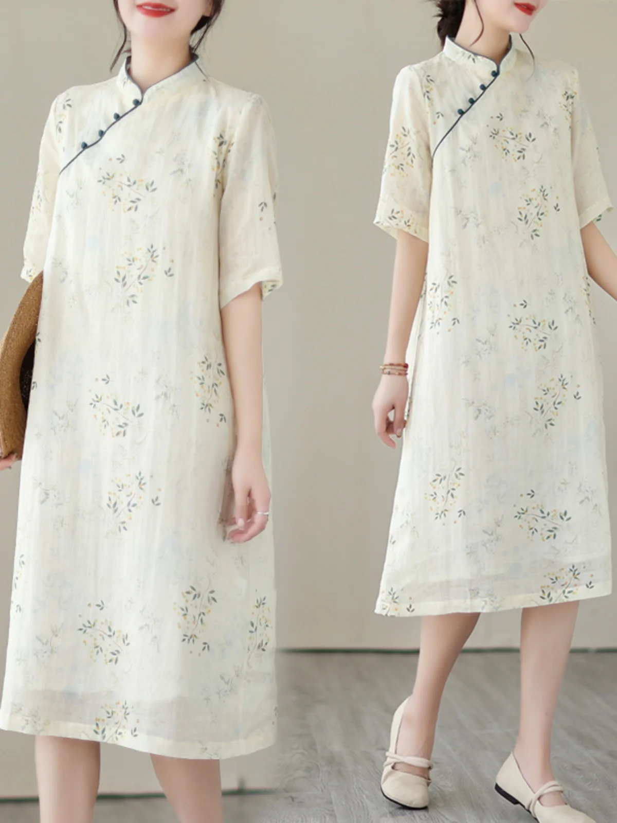 Ele dupla camada de linho algodão qipao dr estampa floral emagrecimento chinês sle comprimento médio saia linha a vintage commute