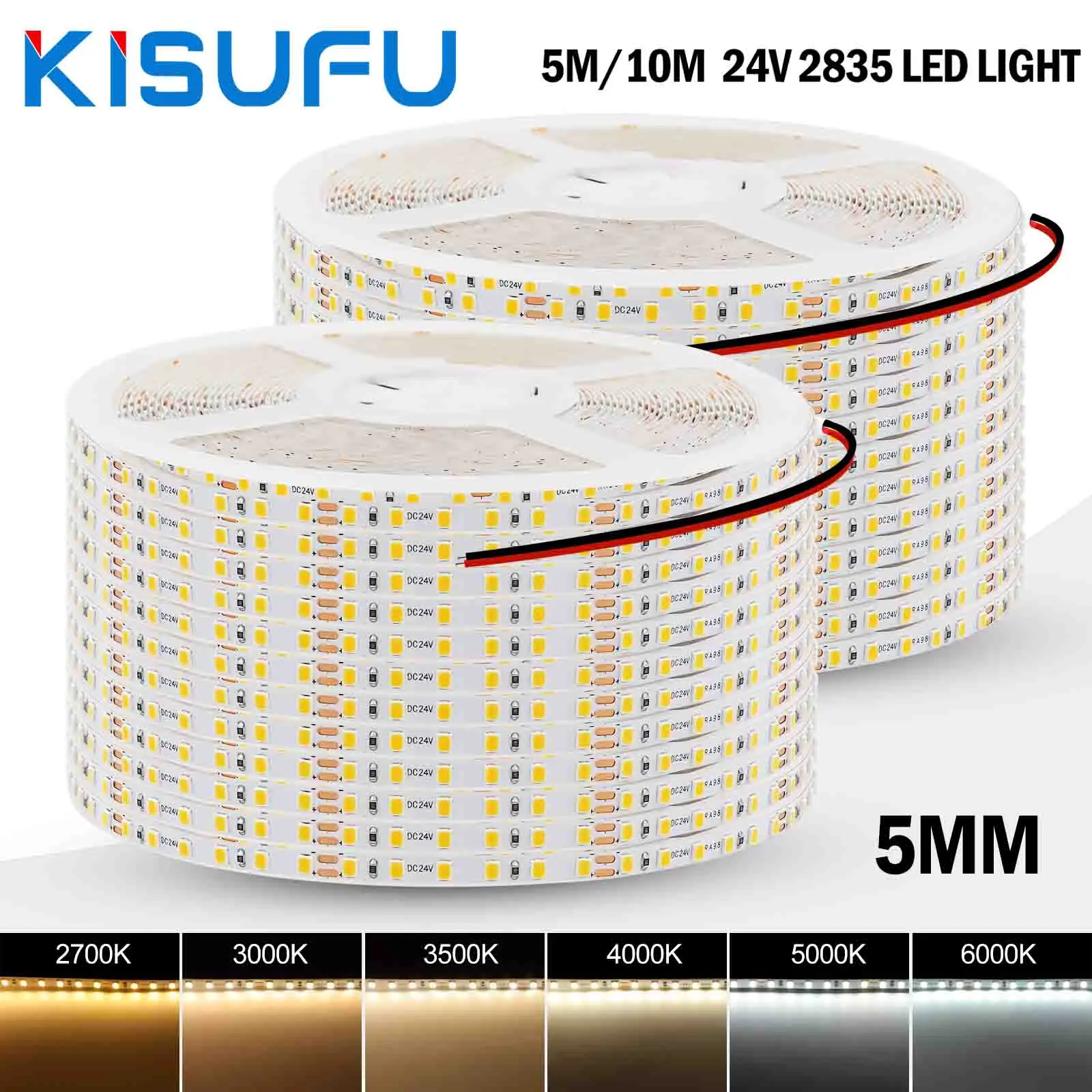 

5m 10m RA98 LED Strip Light DC24V 5MM PCB 2700K 3000K 3500K 4000K 5000K 6000K 120Leds/M SMD 2835 Flexible Self-Adhesive Tape