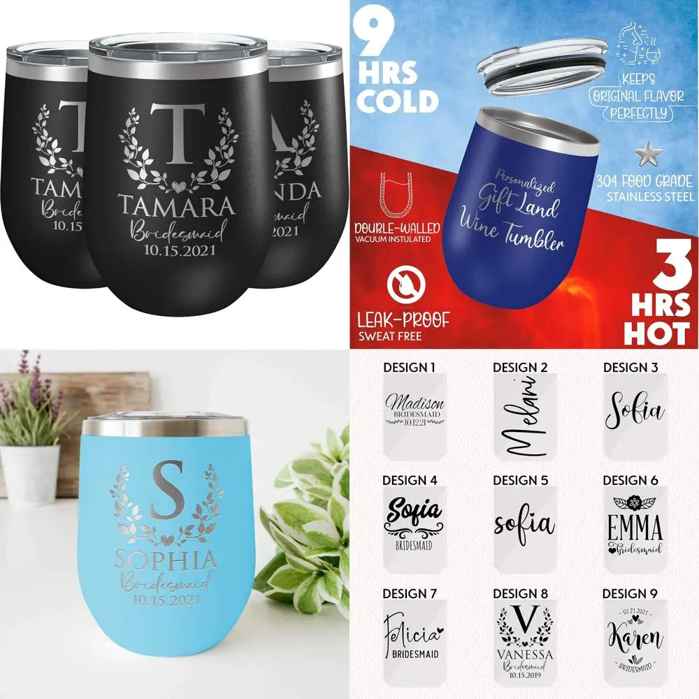 

Персонализированные стаканы для вина без стеблей, набор из 3 штук для подружек невесты, черный 12 унций, свадебный подарок, стакан на заказ для девичника