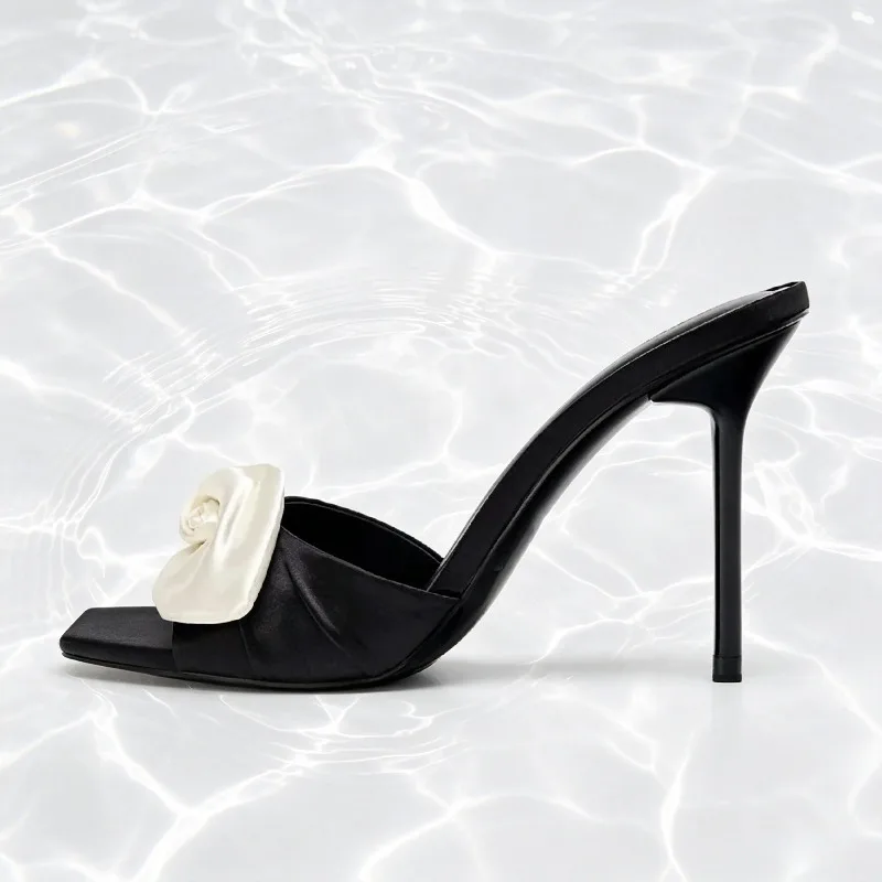 Luxury Flower Decorated Designer Slippers for Women Sexy Open Toe Black Satin Stiletto Slide Sandals Elegant Wedding Bridal Shoe