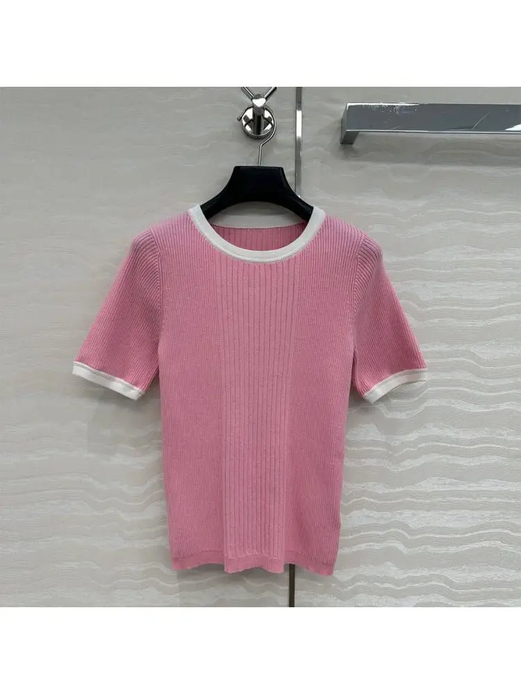 

2025 New Summer Fashion O-neck Stripes Patchwork Knitted Women Tops Short Sleeve Preppy Style Sweet Slim Fit T-shirt