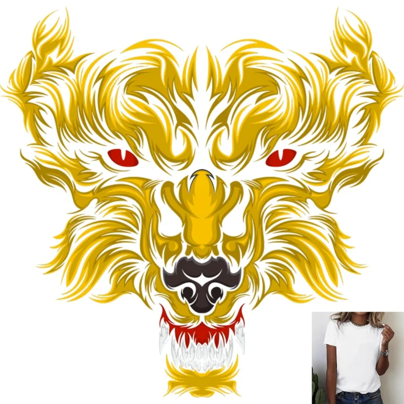 Trendy Golden Wolf Head Heat Transfer White Ink Iron - on Patch, Cool Pattern, Suitable for T - shirts, Canvas Bags and Other