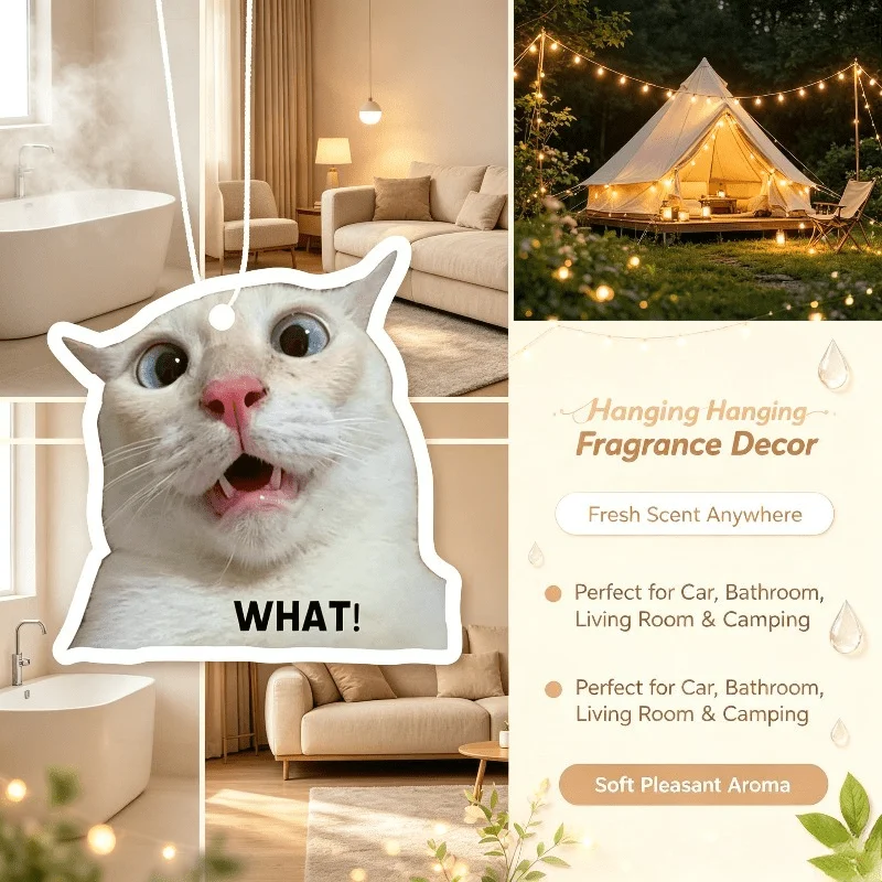 Car Air Freshener Shocked Surprised White Cat Hanging Scent Card for Car Interior Decor Rearview Mirror Ornament Gift