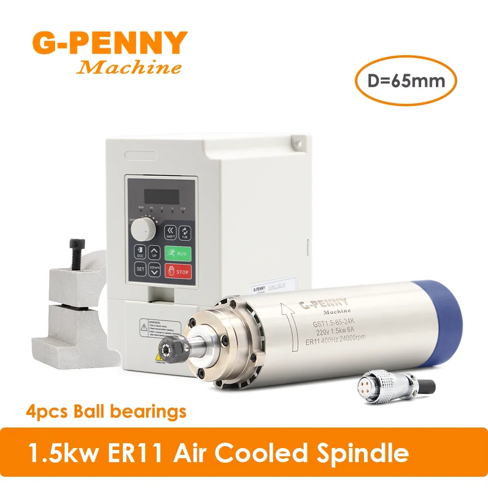 G-PENNY 1.5kw ER11 air cooled spindle 24000rpm air cooling 400Hz 4 bearings 65mm & 1.5kw H100 Inverter & 65mm bracket