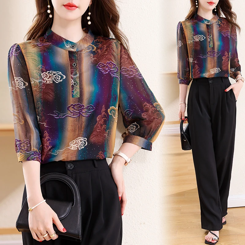 Elegant Fashion Silk Chiffon Blouse 3/4 Sleeve Printed Office Lady Shirt 2025 Summer Women Tops