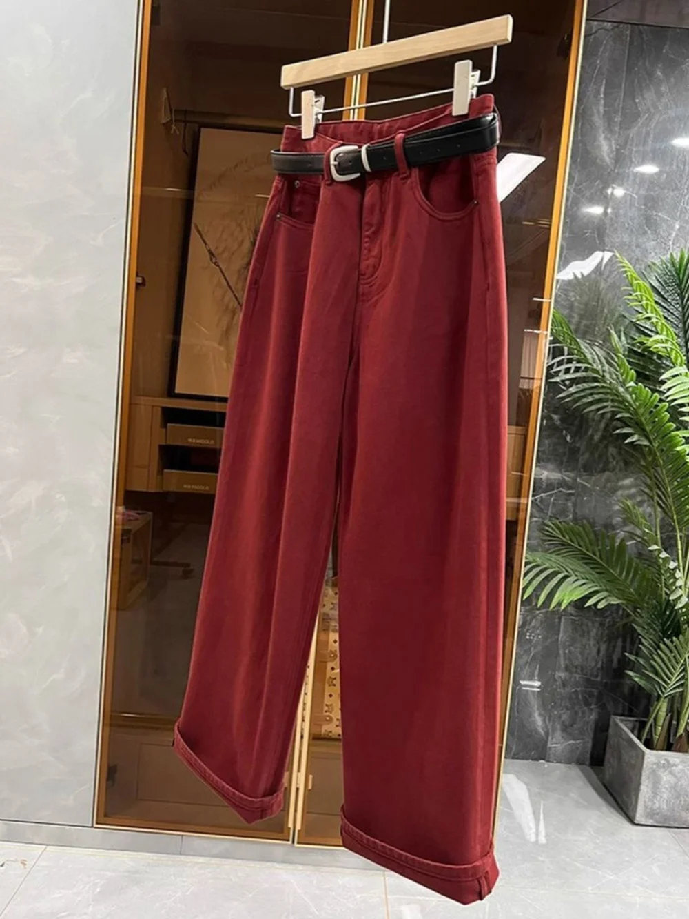 Trendy Red Denim Pants Women Spring Autumn Casual Loose High Waist Wide Leg Pants Straight Full Length Jeans Female Streetwear