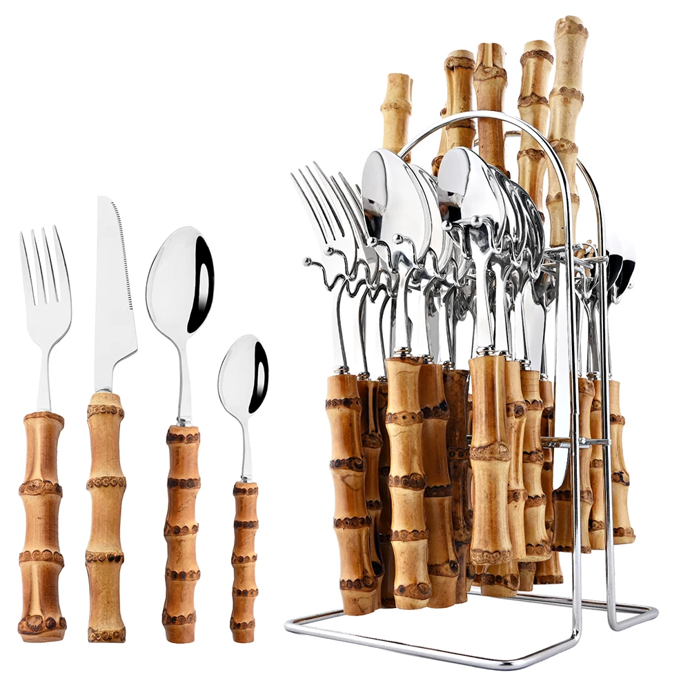 24Pcs Dinnerware Sets Original Nature Bamboo Handle Stainless Steel Upscale Cutlery Fork Spoon Home Kitchen Tableware Drop Ship