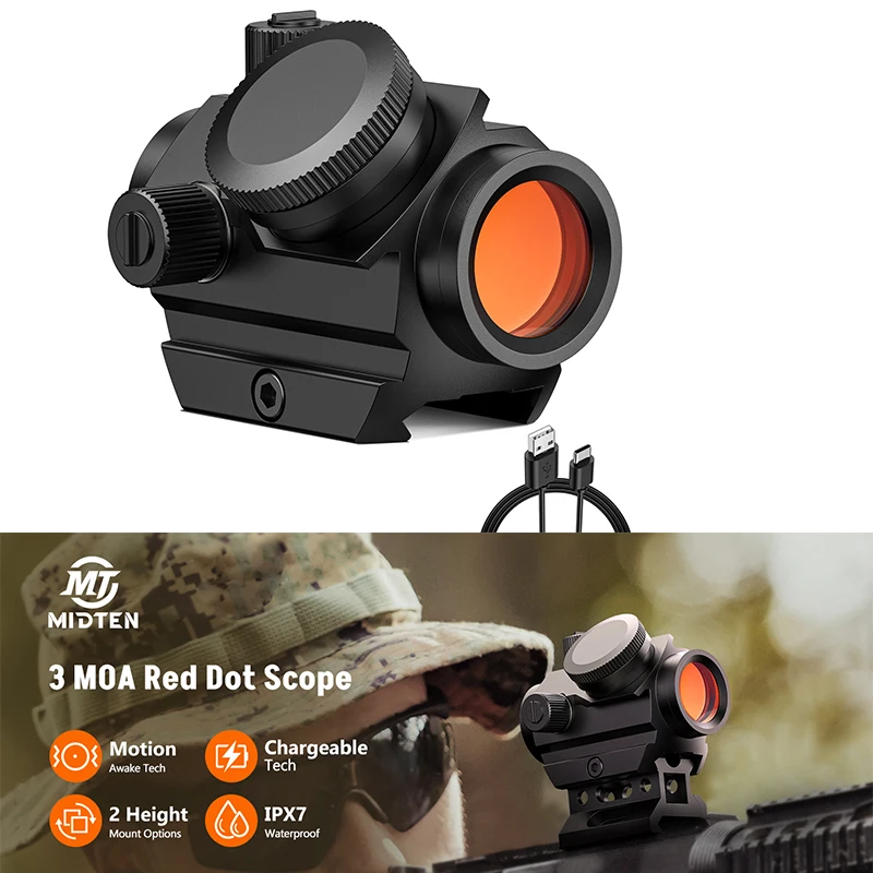

MidTen Red Dot Sight with Motion Awake 3 MOA Compact Scope Rechargeabl Optics Reflex Sights for 20mm Picatinny Rail Mount
