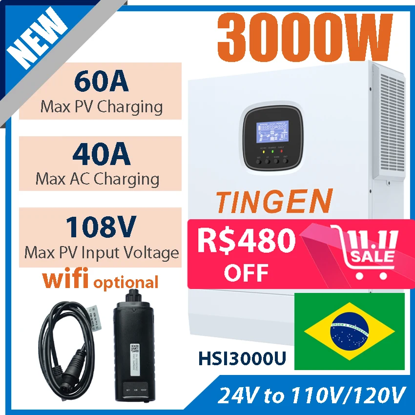 3000W Hybrid Inverter 24VDC Battery 110V/120VAC Built In 60A MPPT Solar Controller Max Panels Input 1600W 50/60Hz Inversor