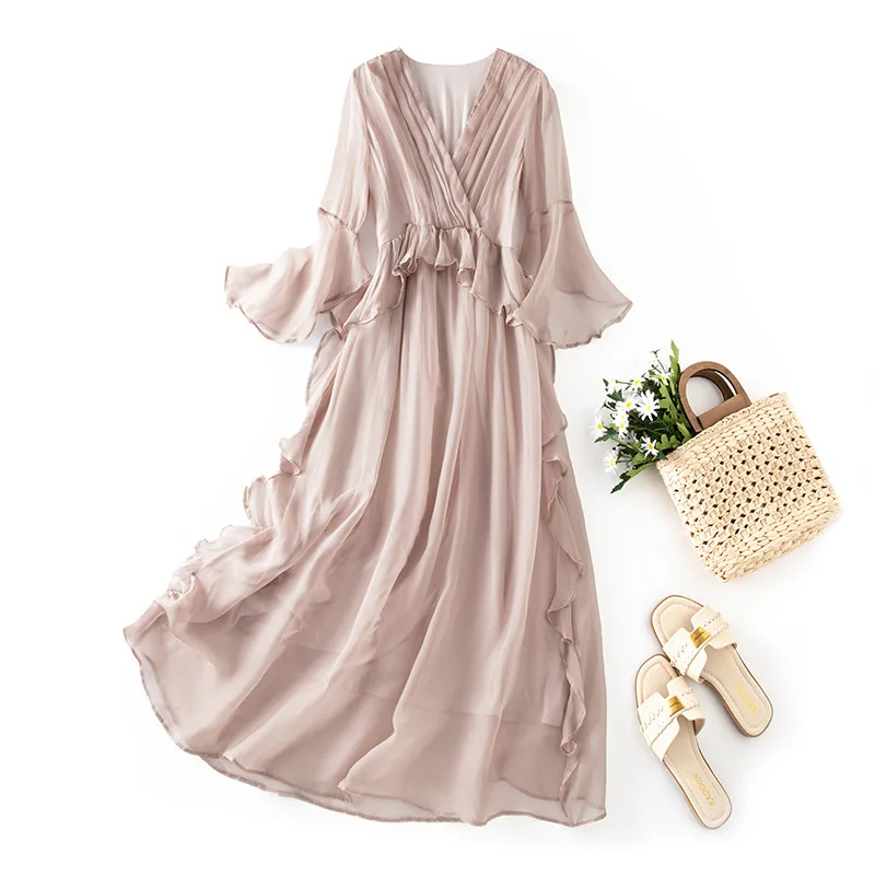 AYUNSUE 100% Zijde Dames Casual Jurken Elegante V-hals Jurken voor Vrouw Zomerjurken Strandoutfits Vrouw Kleding Vestidos