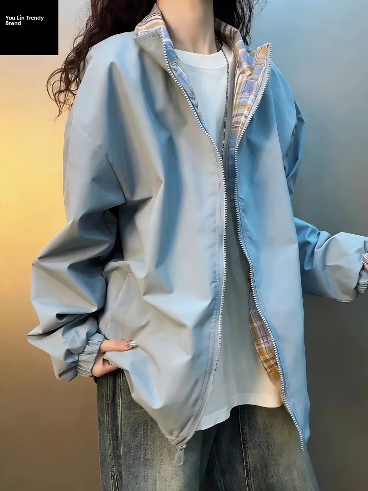 

Мужская весенняя куртка Cleanfit в синюю клетку с дизайнерскими вставками, с отложным воротником, в бейсбольном стиле, свободного кроя, на молнии, для пар