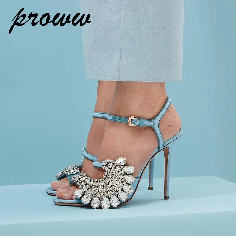 

Светло-голубые сандалии на шпильке с открытым носком и ремешком на щиколотке со стразами, женская обувь, летняя обувь Zapatos Para Muje