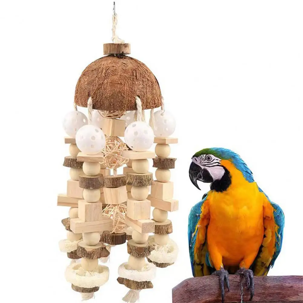 

Coconut Shell Parrot Chewing Toy Hanging Natural Wooden Parrot Cage Bite Toy Medium Large Bird Supplies игрушки для попугаев