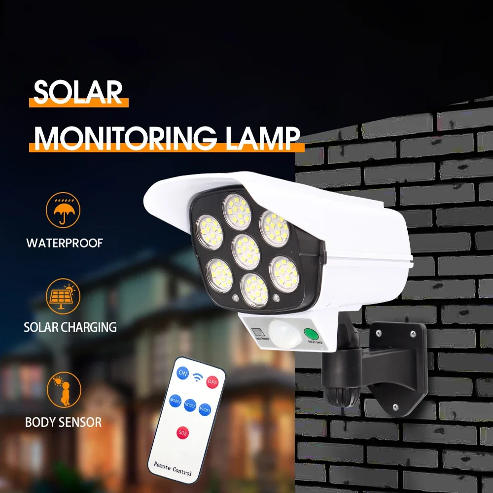 LED Solar Light Motion Sensor Simulation Monitoring Lamps Outdoor Solar Floodlight IP65 Waterproof Wall Light 3 Modes for Garden