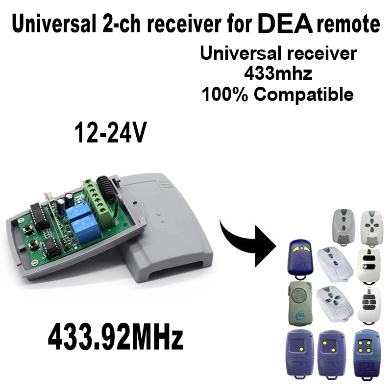 For DEA Garage door 433.92MHz code rolling remote control receiver 2CH DC 12V-24V switch