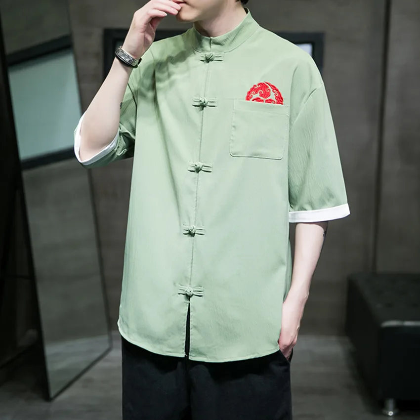 

Men's Summer Thin Ice Silk Short Sleeve Shirt Chinese Retro Hanfu Outerwear Loose Fit Embroidered Youth Trend Casual Shirt