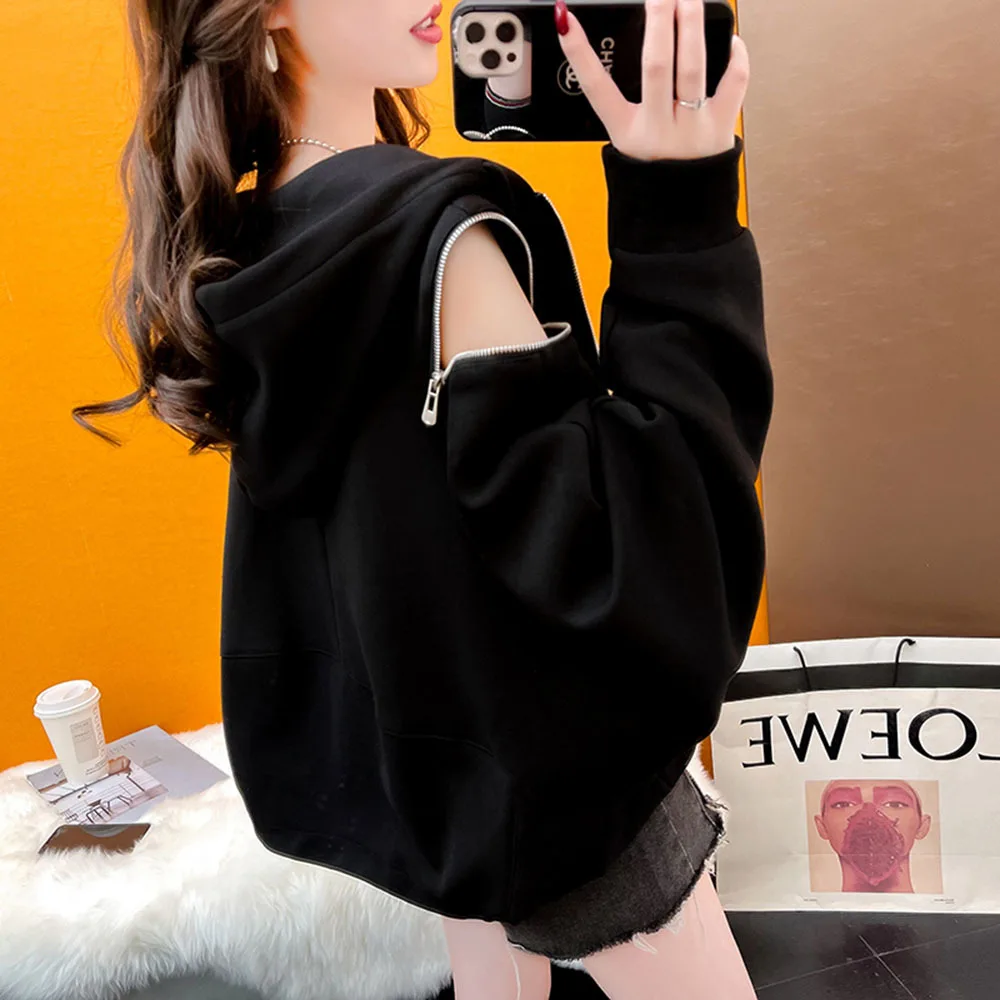 Korean Women Hoodie Coats Short Loose Zipper Sweatshirts Jacket Casual Female Tops Womens Autumn Hollow-out Off Shoulder Hoodeds