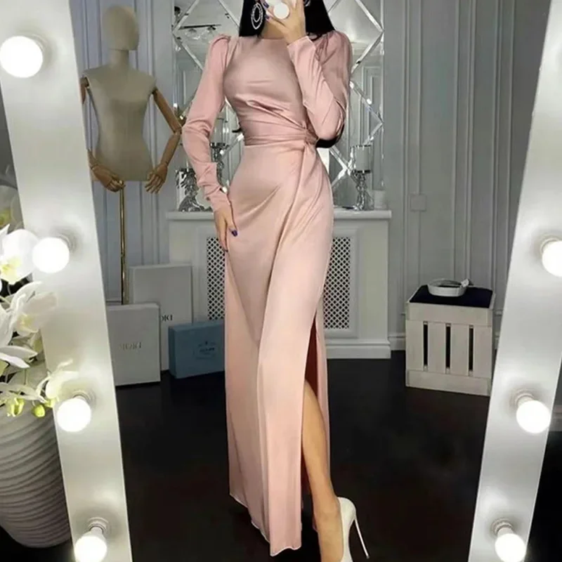 Women Sexy High Slit Satin Party Dress Office Fashion Lace-Up Boadycon Long Dresses Elegant O Neck Long Sleeve Solid Maxi Dress