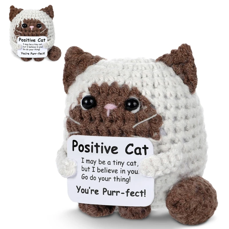 Funny Mini Animal Handmade Crochet Cat with Positive Energy Card Emotional Support Desktop Ornament Home Decor for Friend Gifts