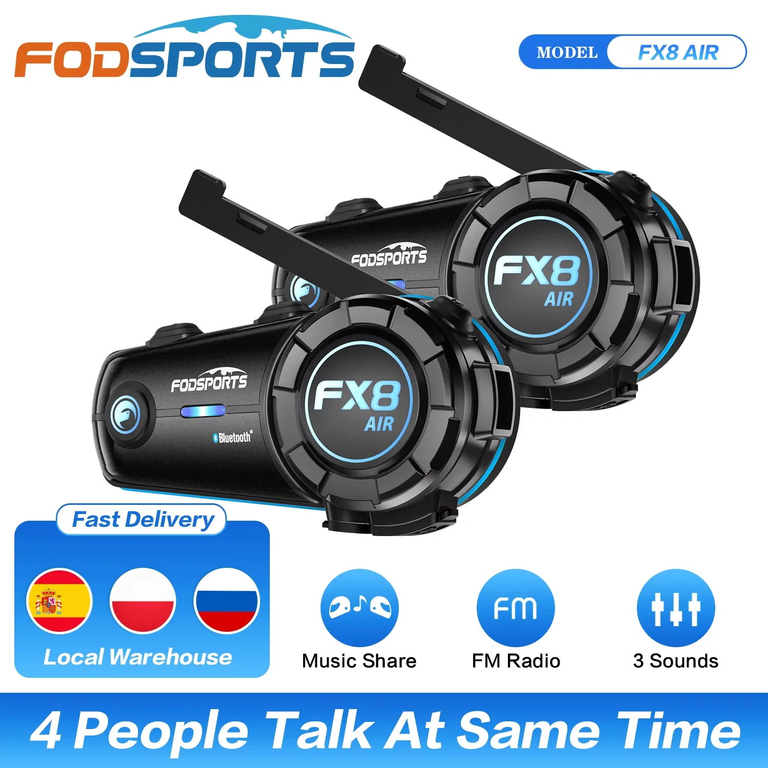 2pcs Fodsports FX8 AIR Intercomunicador Moto,Motocicleta Intercomunicador Bluetooth Casco Auricular 4 Rider BT Interphone,Radio FM,Compartir Música