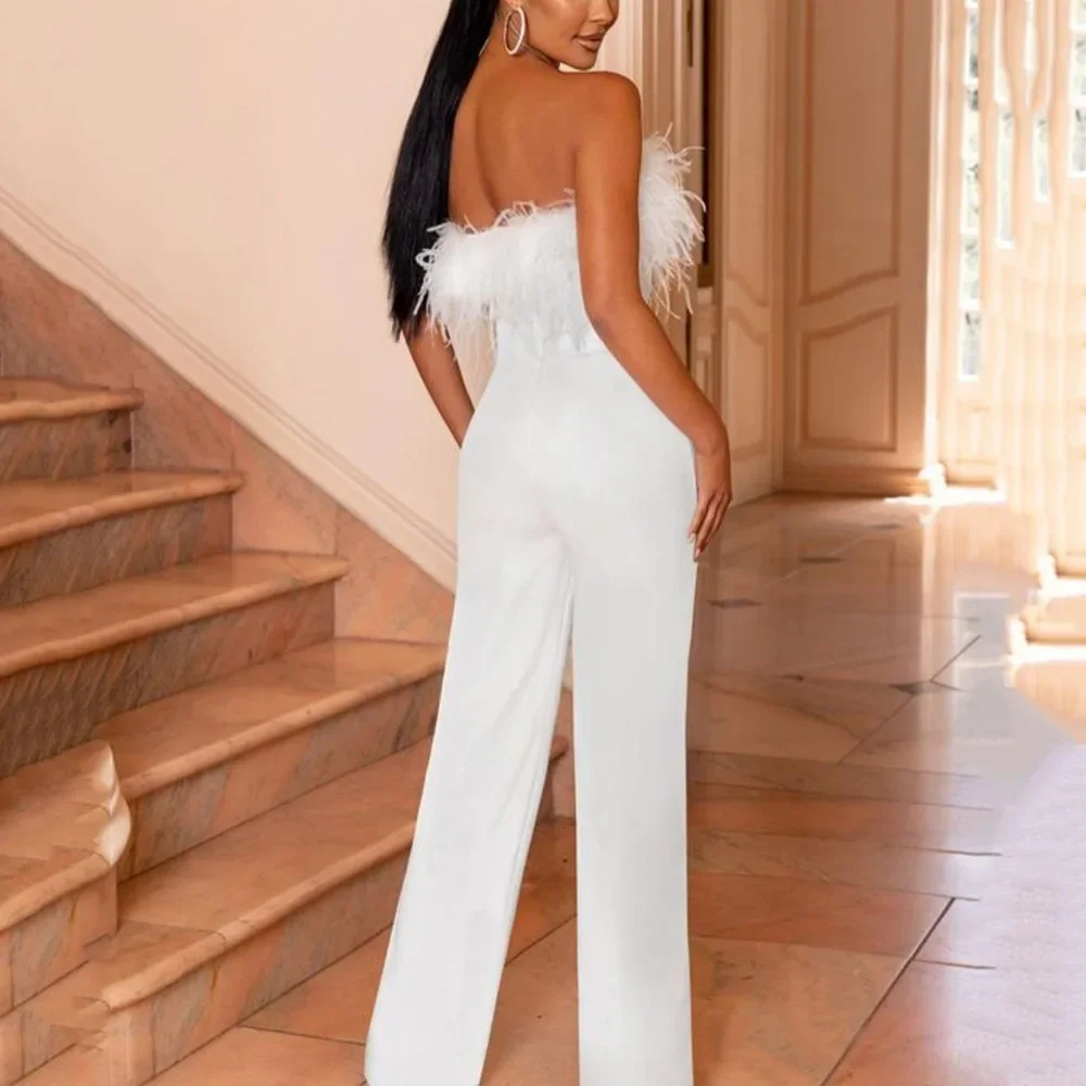 2023 Spring Summer Strapless Jumpsuits with Feather Women Overalls Sexy Elegant Tube Top Backless Party Evening Jumpsuits