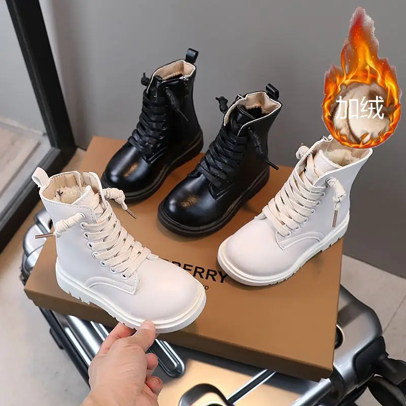

Girl Leather Long Microfiber Skin Fleece Performance High Tube Cotton Fashion Boots Children Girls Lace-up Round Toe Boots