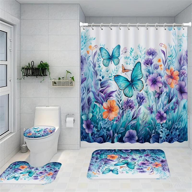 

4pcs Blue Butterfly Shower Curtain Set, Blue Purple Floral Shower Curtain With 12 Hooks, Non-Slip Bathroom Rug, Toilet U-Shape