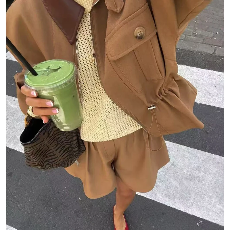 

YENKYE 2025 Women Batwing Sleeve Waist Cinched Autumn Jacket Front Zipper Lapel Collar Casual Streetwear Coat
