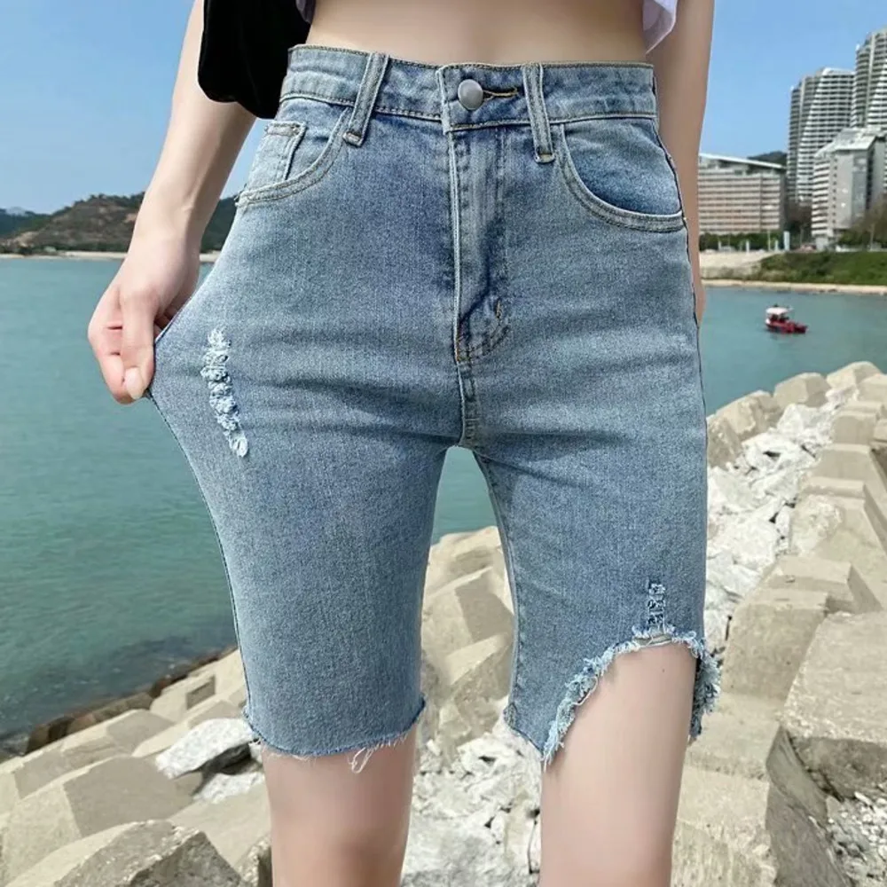 Feynzz Fashion New Summer Women High Waist Button Wigh Leg Jeans Shorts Casual Female Loose Fit Blue Denim Shorts